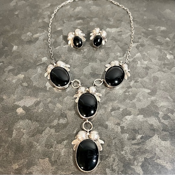 Jewelry Vintage Ns Native American Navajo Onyx Squash Blossom Pendant Necklace Earrings Poshmark